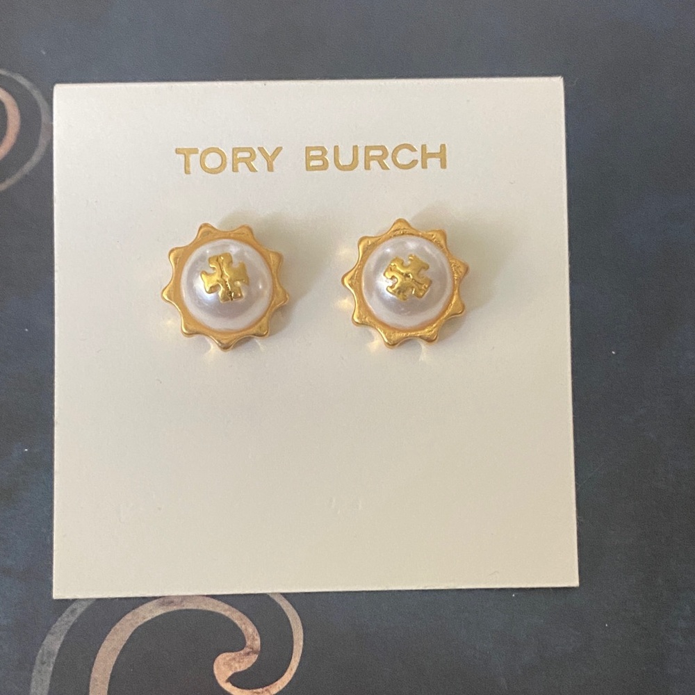 Tory Burch Gold-Tone & Pearl Logo Sunburst Stud Earrings